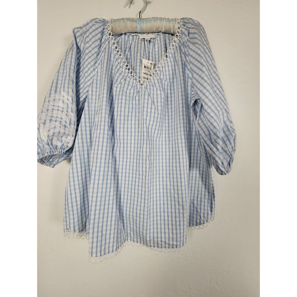 Charter Club Womens Blue & White Striped Blouse Top With Lace Trim Medium New